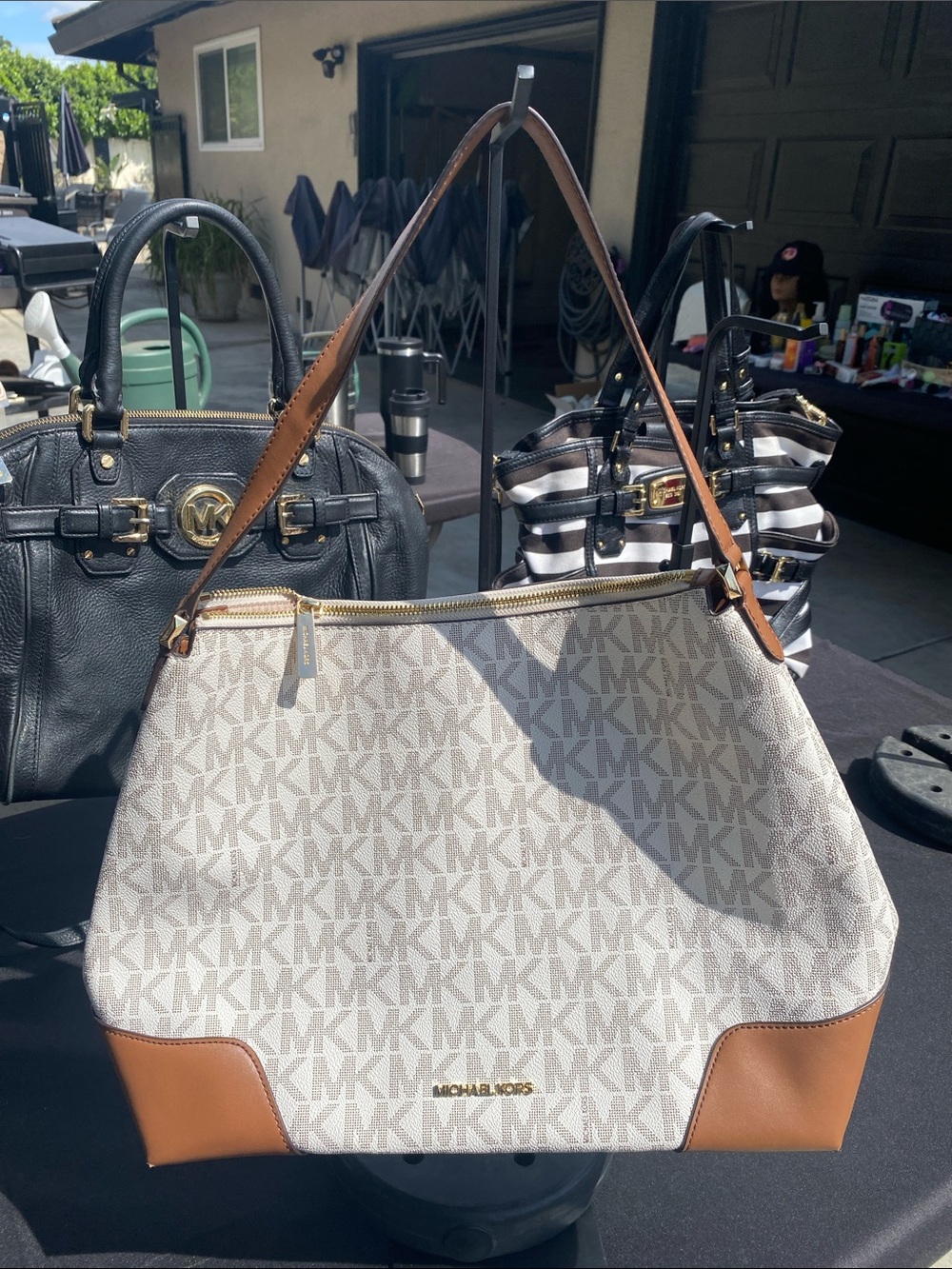 Michael Kors Beige MK Monogram Shoulder Tote with Brown Trim